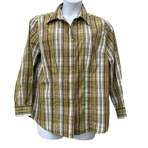 Avocado Green & White Plaid Button Up Top - size 1X - Picture 1 of 6